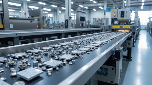 Modern automated conveyor system with sensors and control panels, showing streamlined production line operation