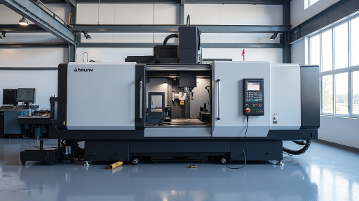 Precision CNC machining center with automated tool changer and digital control interface, showing high-tech manufacturing equipment