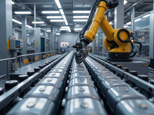 Modern factory facility with advanced machinery and automated production lines, showing industrial robots working on assembly tasks with clean environment