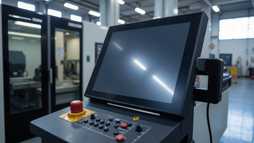 Advanced industrial control system with HMI panels and programmable logic controllers, showing sophisticated automation interface