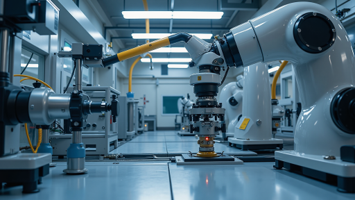 Advanced industrial robot arm with precision grippers working on automated assembly line, showing sophisticated mechanical engineering